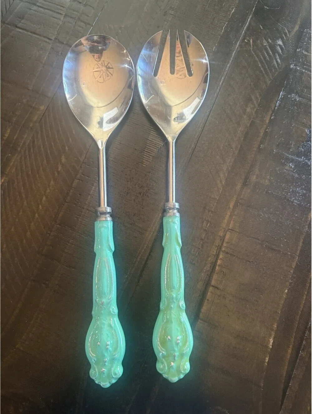 Spoon And Fork Salad Serving Set 2 Piece Heavy Duty Teal Handles Stainless Steel